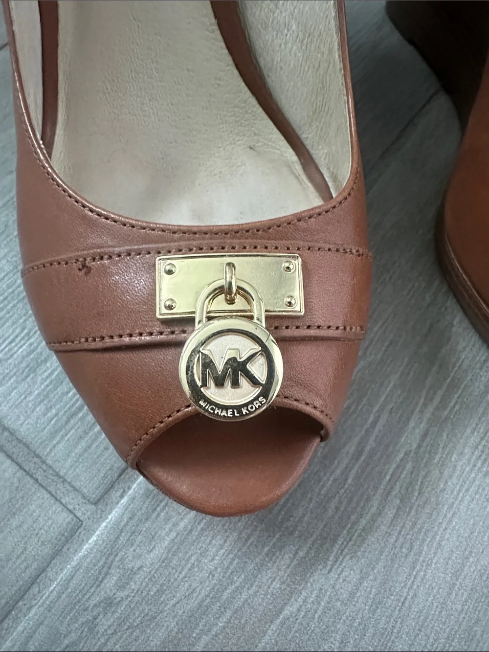 Michael Kors Cognac Leather Peep-Toe Platform Pumps with Gold Emblem